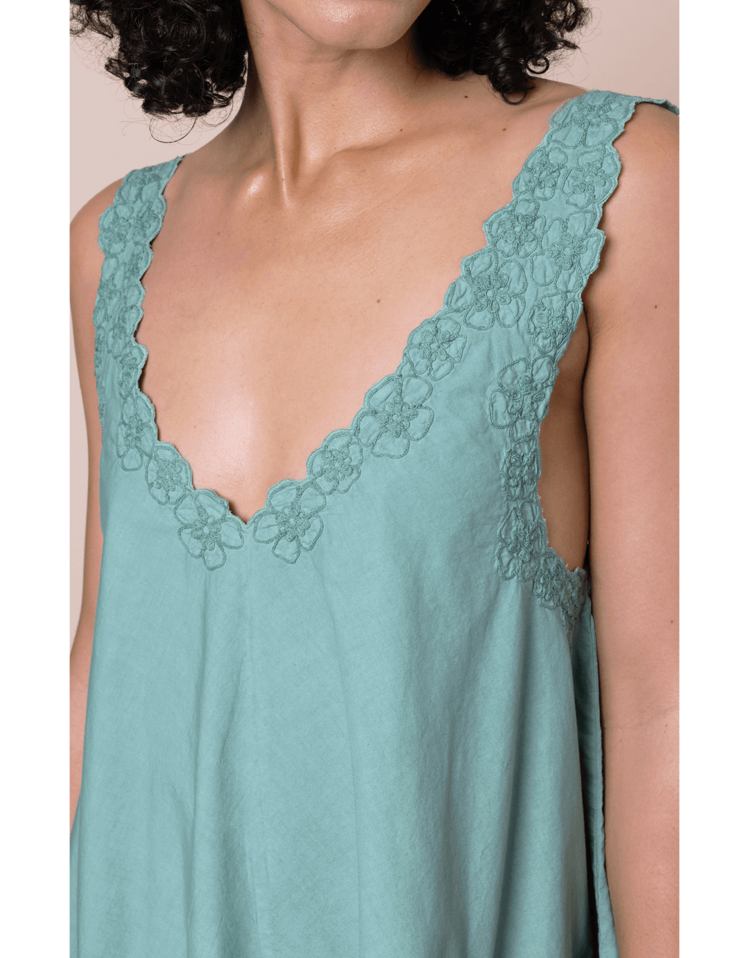 Juliet Dunn Poplin Low Back Dress with Floral Embroidery Cactus