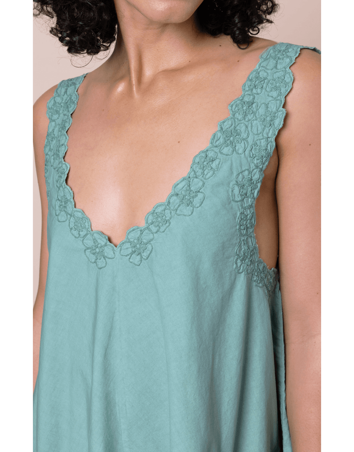 Juliet Dunn Poplin Low Back Dress with Floral Embroidery Cactus