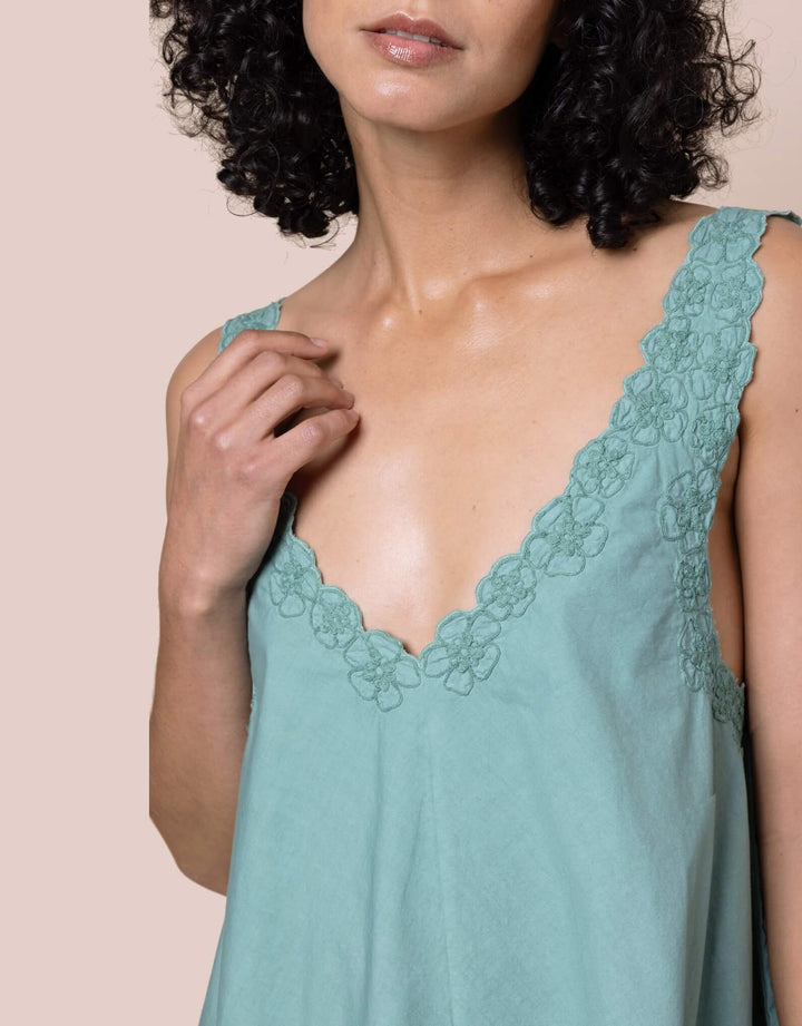 Juliet Dunn Poplin Low Back Dress with Floral Embroidery Cactus