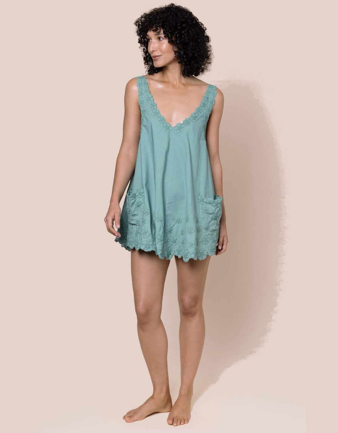 Juliet Dunn Poplin Low Back Dress with Floral Embroidery Cactus