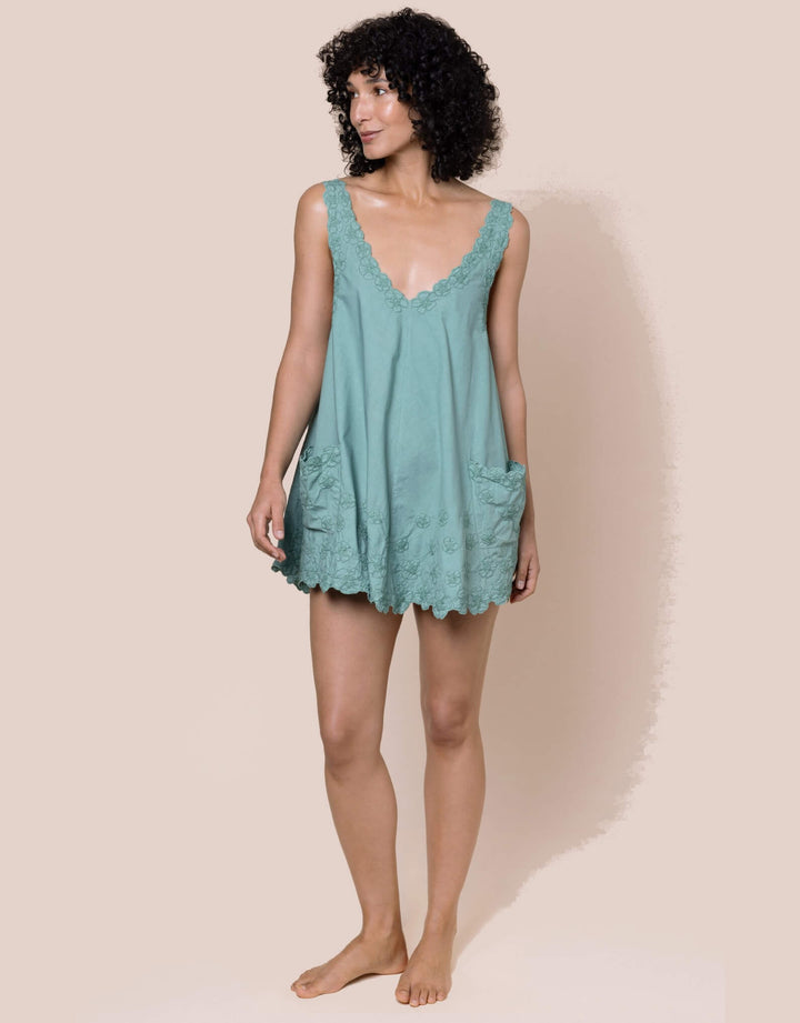 Juliet Dunn Poplin Low Back Dress with Floral Embroidery Cactus