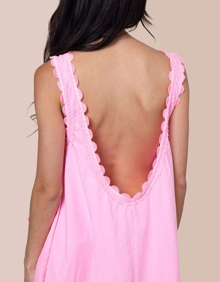 Juliet Dunn Flamingo pink poplin low back mini dress with ric rac embroidery