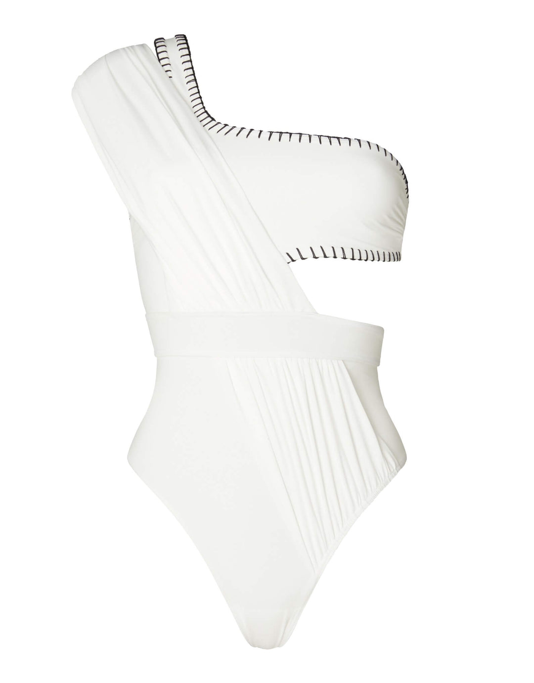 Kióhne Hestia white one-piece swimsuit showing asymmetric draped shoulder, handmade black embroidery trim and cut-out waist detail