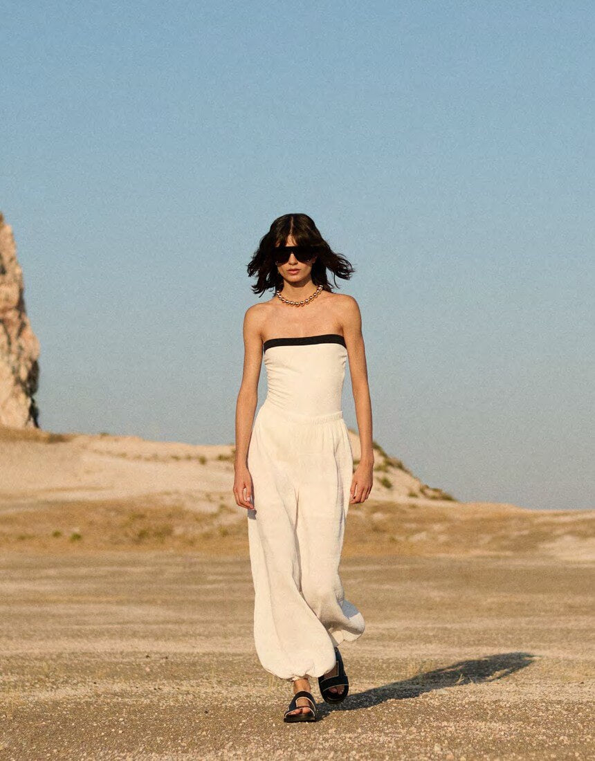 Kiohne Jade bandeau one-piece swimsuit in off-white jacquard with contrast trim