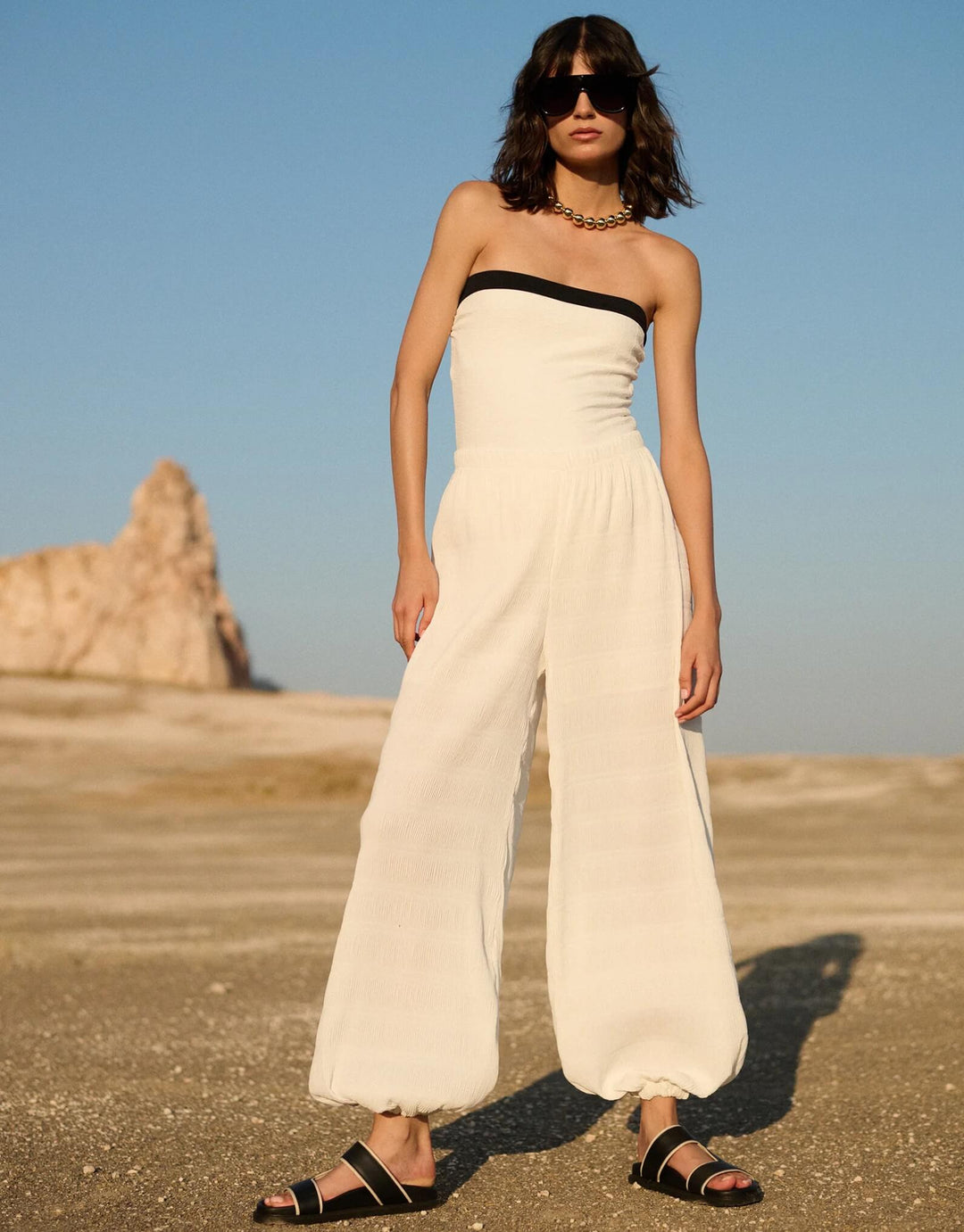 Kiohne Jade bandeau one-piece swimsuit in off-white jacquard with contrast trim