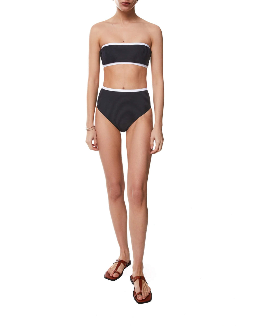Kiohne JUNE bandeau bikini top with CORA high-waist bikini bottoms in black with white contrast binding