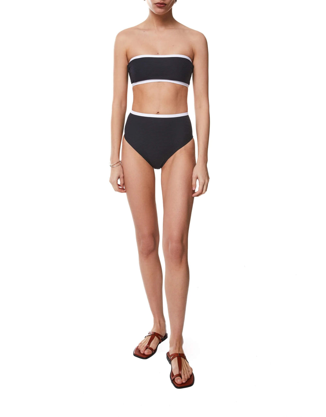 Kiohne JUNE bandeau bikini top with CORA high-waist bikini bottoms in black with white contrast binding