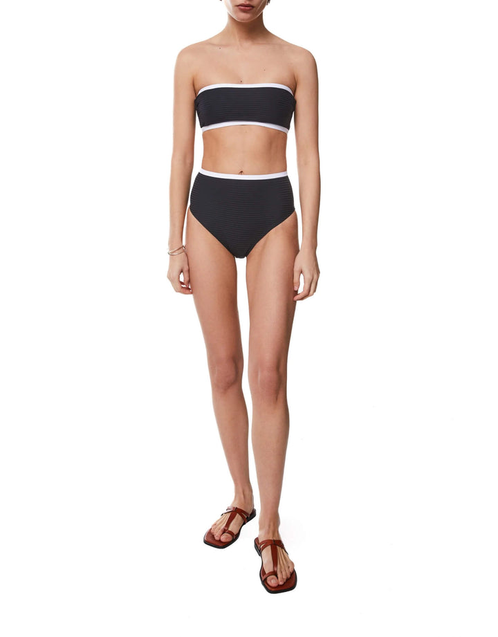 Kiohne JUNE bandeau bikini top with CORA high-waist bikini bottoms in black with white contrast binding