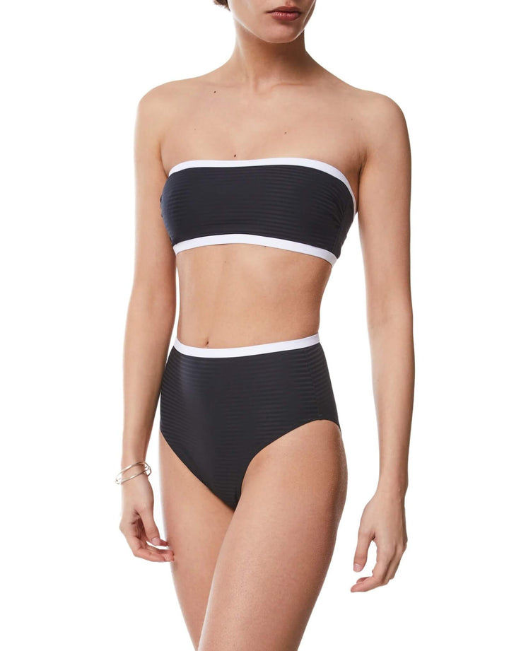 Kiohne JUNE bandeau bikini top with CORA high-waist bikini bottoms in black with white contrast binding