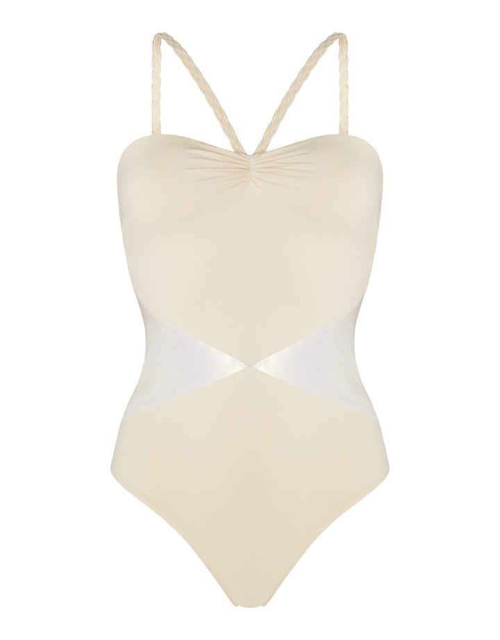 Kiohne Rhea one-piece swimsuit in stone with geometric colour-block waist panels