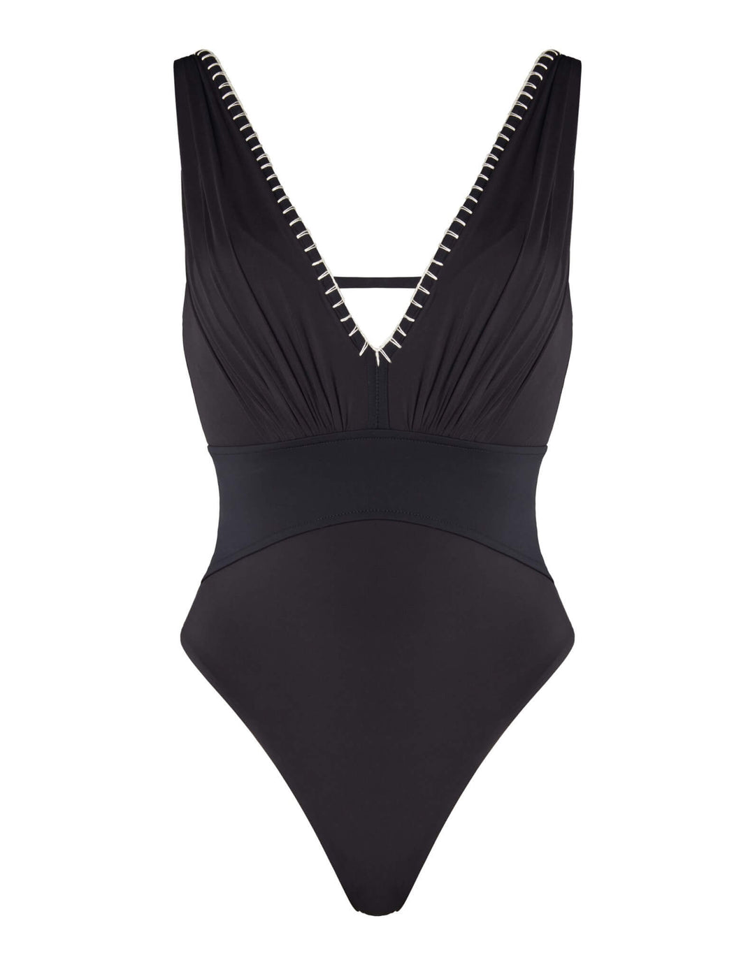 Kiohne Selene black one-piece with deep V neckline and contrast hand stitching