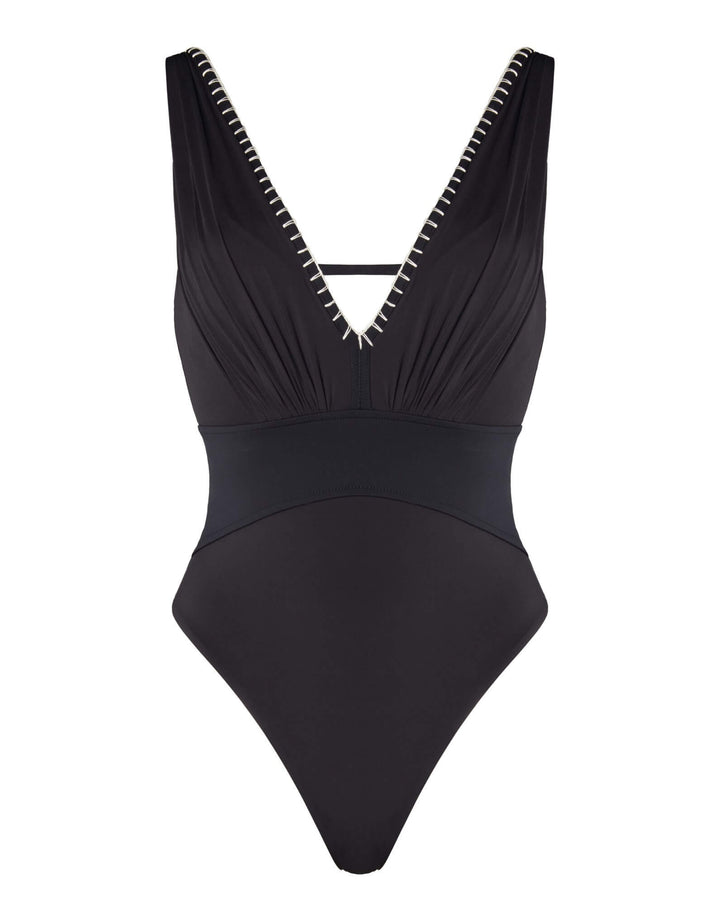 Kiohne Selene black one-piece with deep V neckline and contrast hand stitching