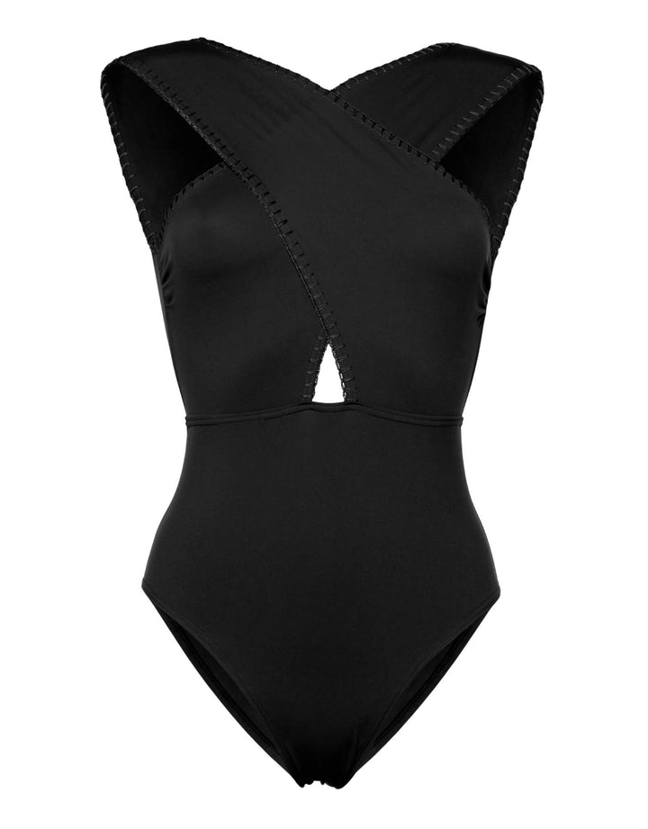 Kióhne Coral Hand Embroidered One Piece swimsuit in Black, ghost image