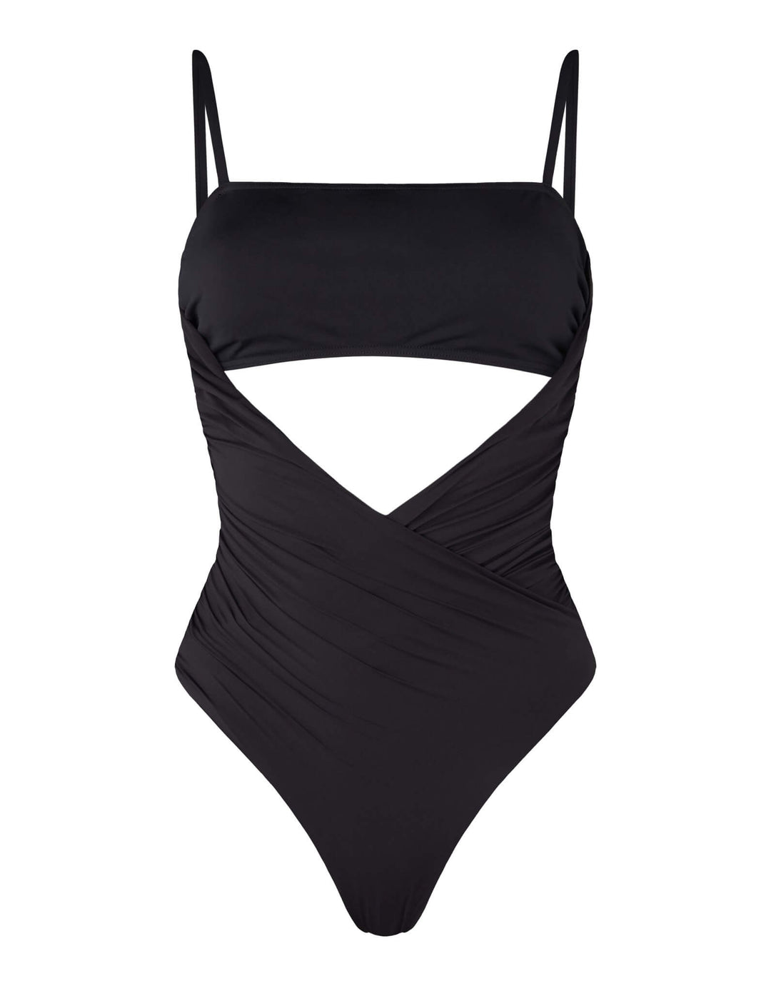 Kióhne Sierra black one-piece swimsuit with diagonal draped panels, bust cut-out and thin straps, ghost image