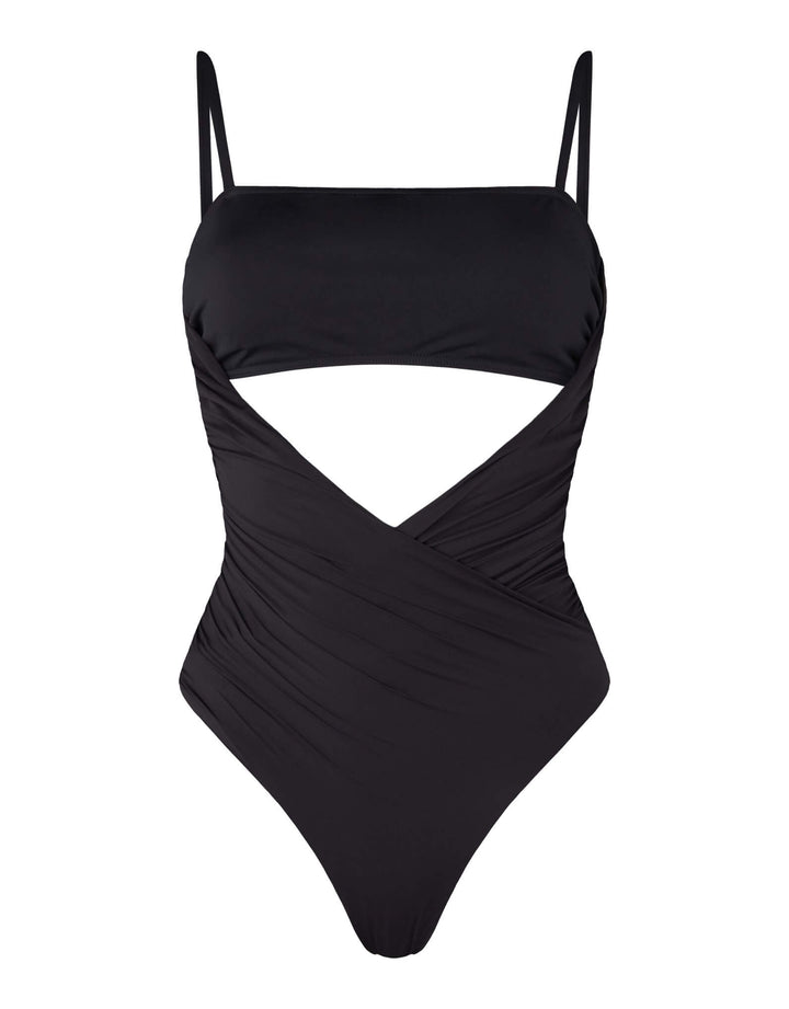 Kióhne Sierra black one-piece swimsuit with diagonal draped panels, bust cut-out and thin straps, ghost image