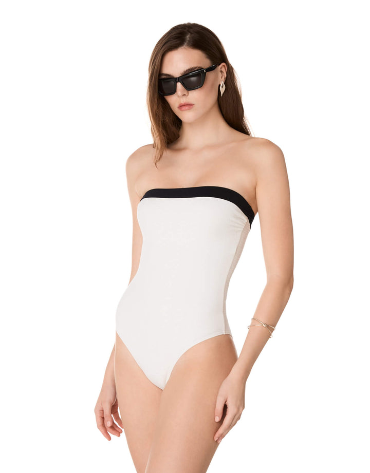 Kiohne Jade bandeau one-piece swimsuit in off-white jacquard with contrast trim