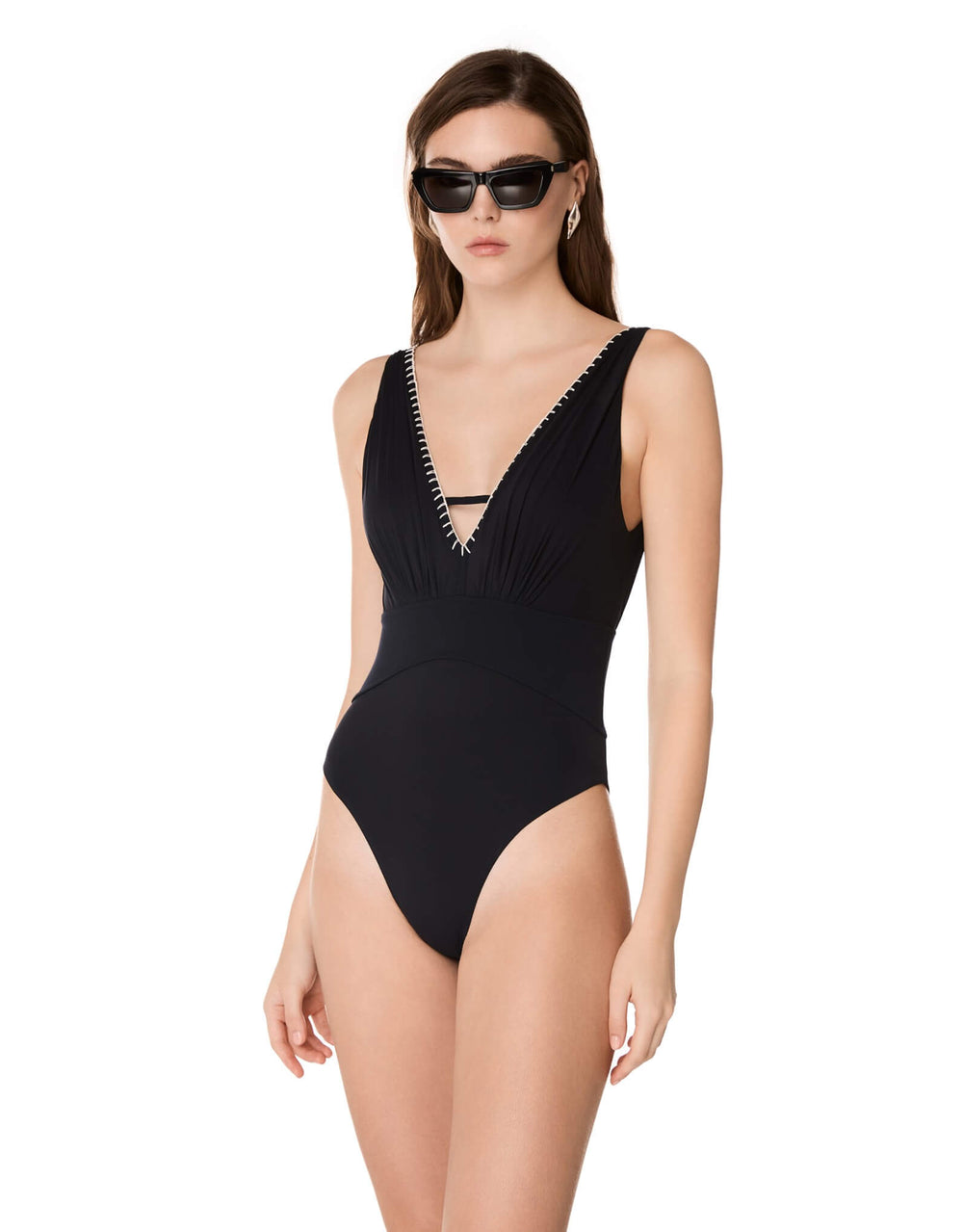 Kiohne Selene black one-piece with deep V neckline and contrast hand stitching