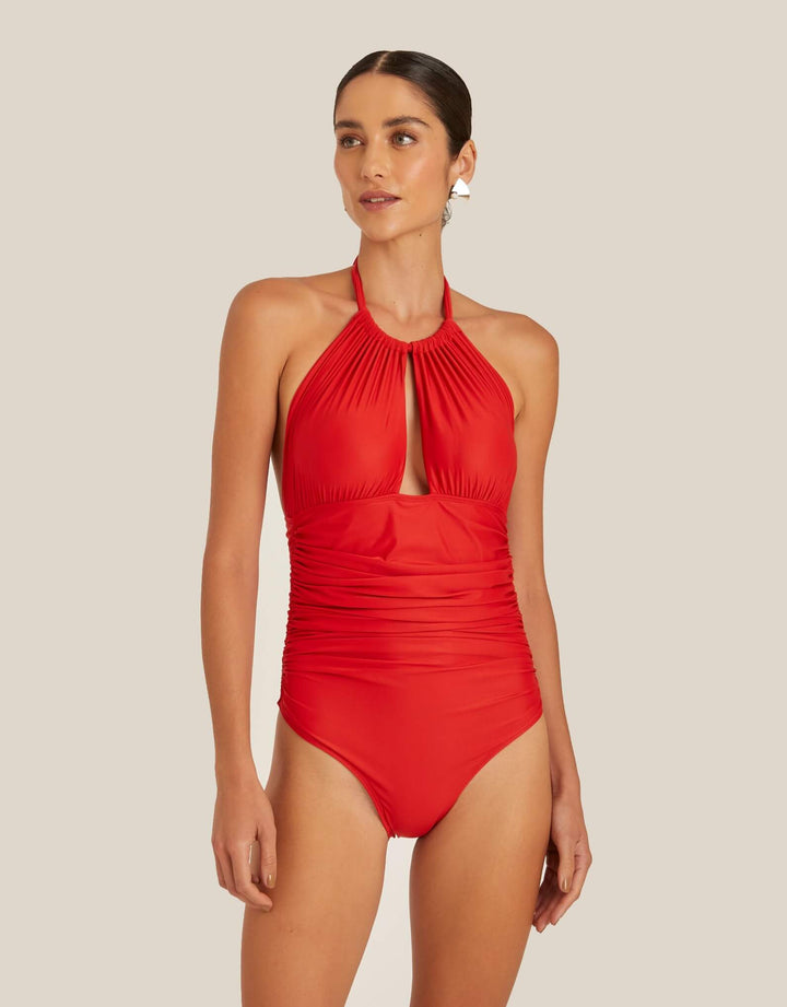 Lenny Niemeyer Ruched Adjustable Halter One Piece Swimsuit Paprika Red