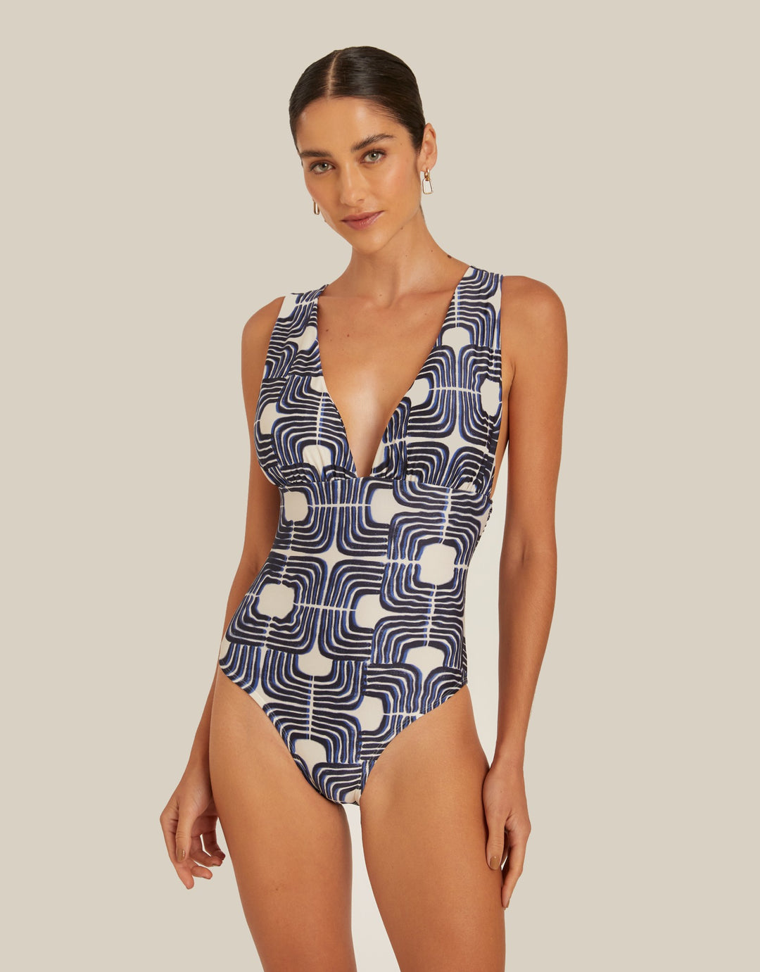 Lenny Niemeyer Ruched V-Neck One-Piece Swimsuit in Blue Paros Print 