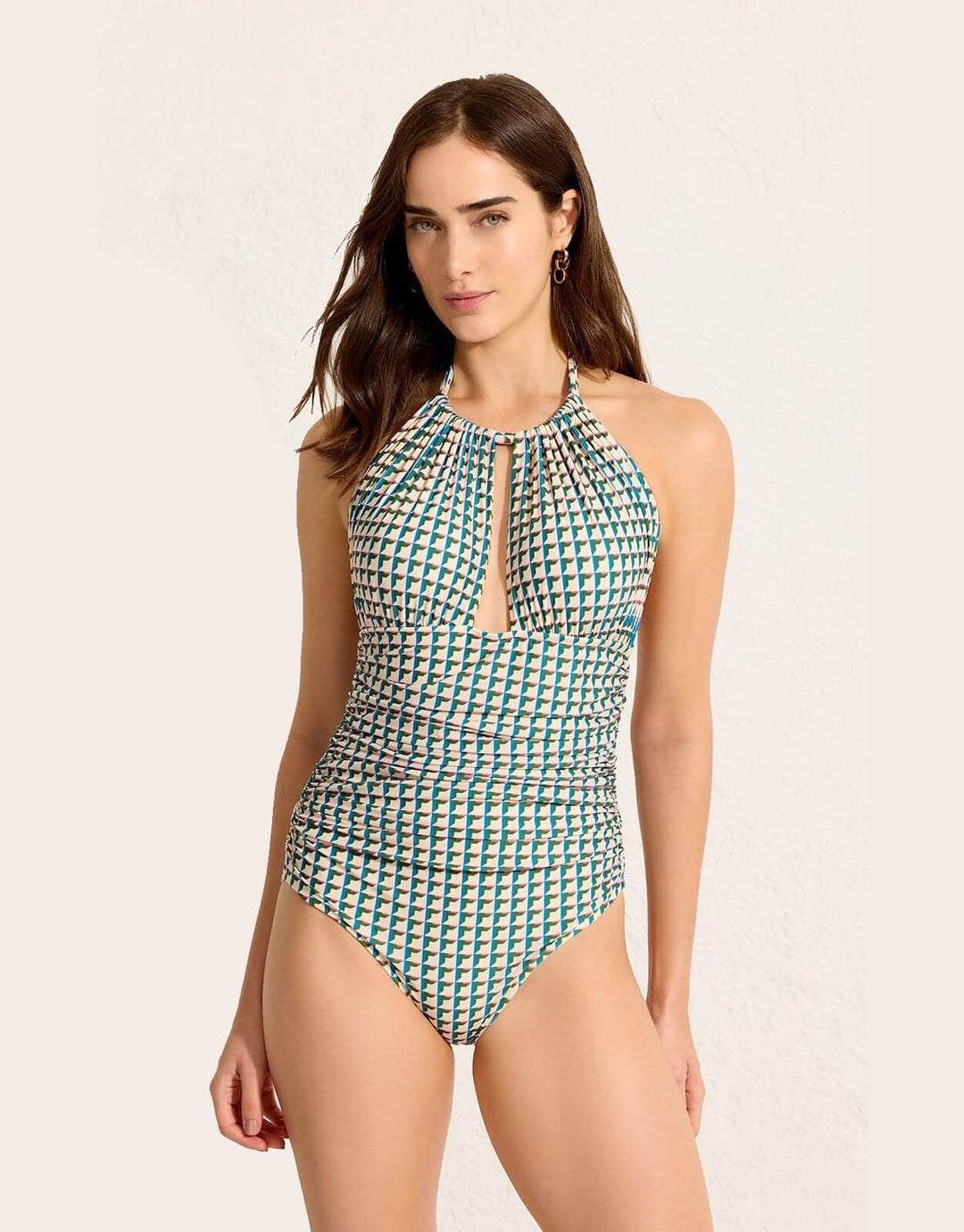 Lenny Niemeyer Ruched Adjustable Halter One Piece in Mini Cubes geometric print