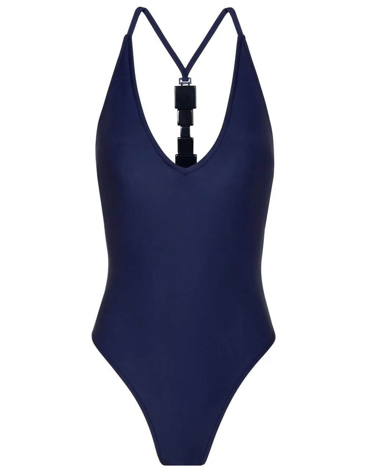 Lenny Niemeyer deep blue V neck one piece swimsuit with racerback and resin detail