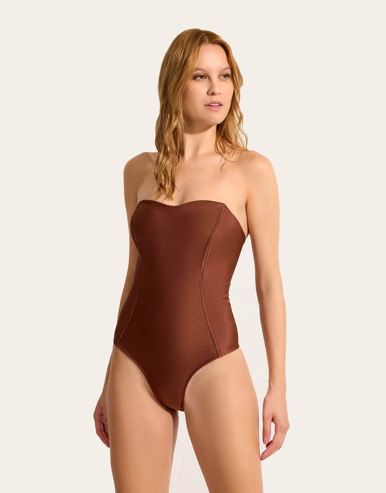 Lenny Niemeyer Cappuccino Brown textured bandeau one piece swimsuit
