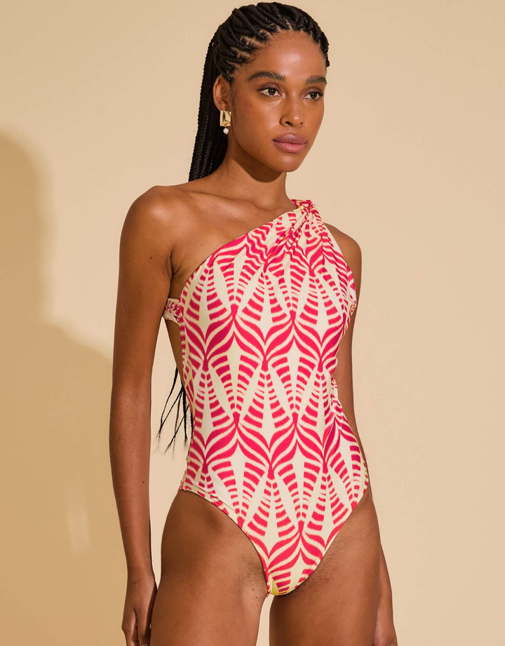 Lenny Niemeyer Maranta Reef one-shoulder swimsuit in pink and off white ikat print with elegant back detail, removable padding, and recycled Lycra