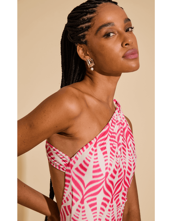 Lenny Niemeyer Maranta Reef one-shoulder swimsuit in pink and off white ikat print with elegant back detail, removable padding, and recycled Lycra