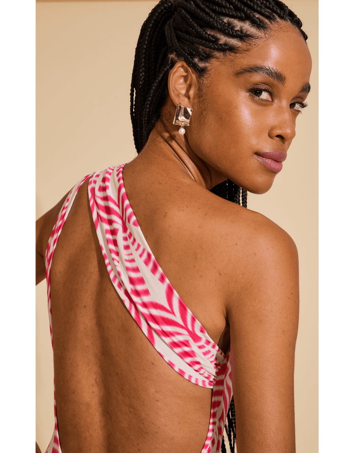 Lenny Niemeyer Maranta Reef one-shoulder swimsuit in pink and off white ikat print with elegant back detail, removable padding, and recycled Lycra