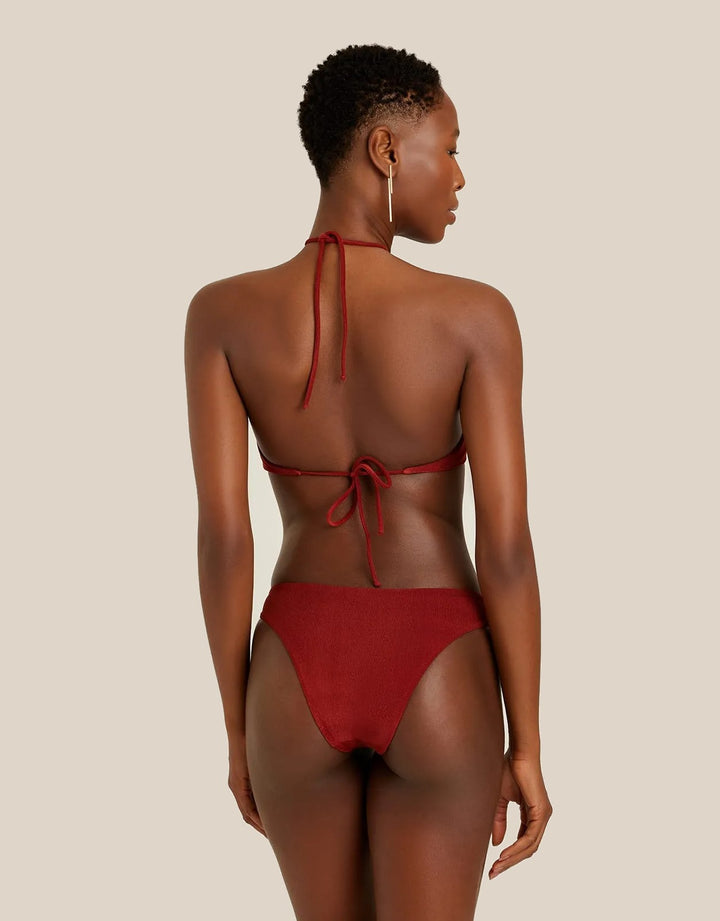 Cinnamon red bikini top with gold ring and adjustable ties by Lenny Niemeyer.