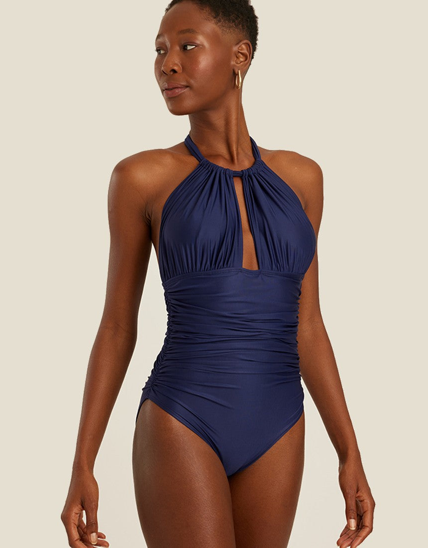 Lenny Niemeyer Ruched Halter One Piece Swimsuit Tide Blue