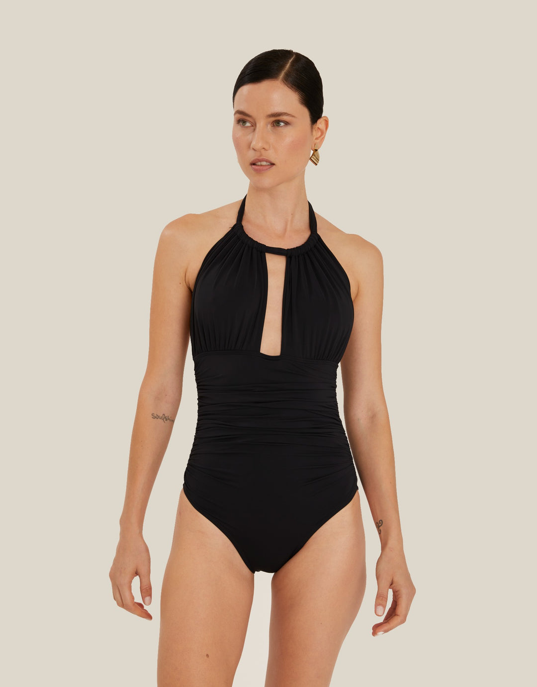 Lenny Niemeyer Ruched Adjustable Halter One Piece Swimsuit Black front