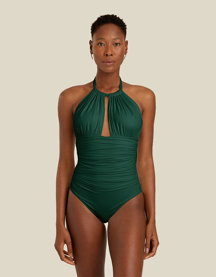 Lenny Niemeyer Ruched Adjustable Halter One Piece Swimsuit Forest Green