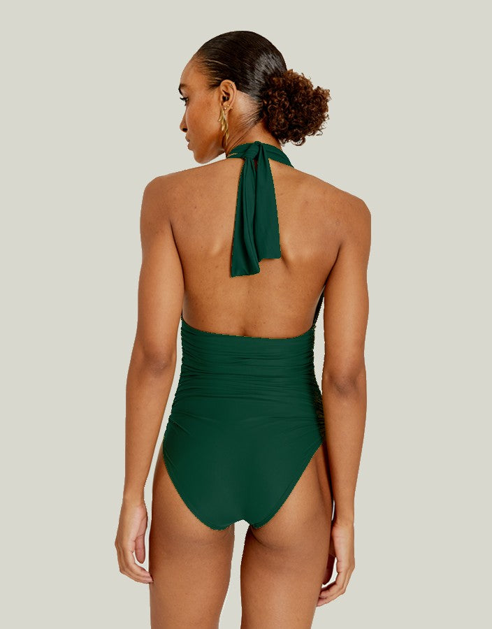 Lenny Niemeyer Ruched Adjustable Halter One Piece Swimsuit Forest Green