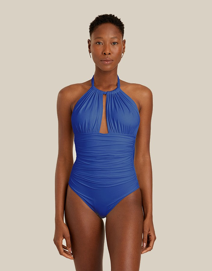 Ultramarine one-piece swimsuit with ruched adjustable halter by Lenny Niemeyer.