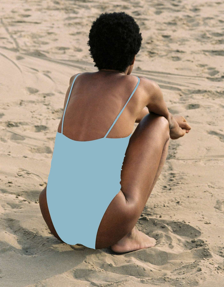Lido Trentasei one-piece swimsuit in Aqua with ultra-thin straps and scooped neckline