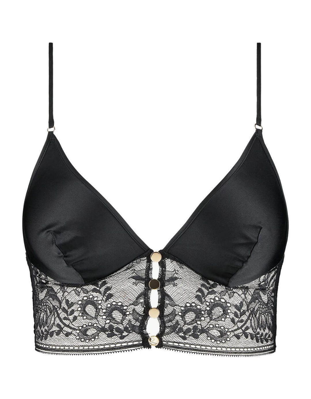 Aubade Midnight Whisper black triangle bra with stretch silk, sheer lace longline band, and small front buttons.