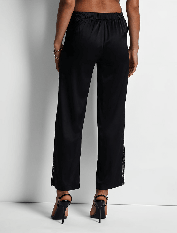 Aubade Midnight Whisper black wide leg pants with sheer lace inserts and stretch silk satin.