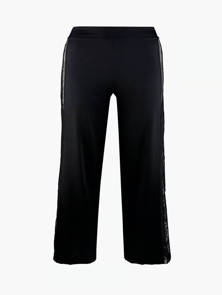 Aubade Midnight Whisper black wide leg pants with sheer lace inserts and stretch silk satin.