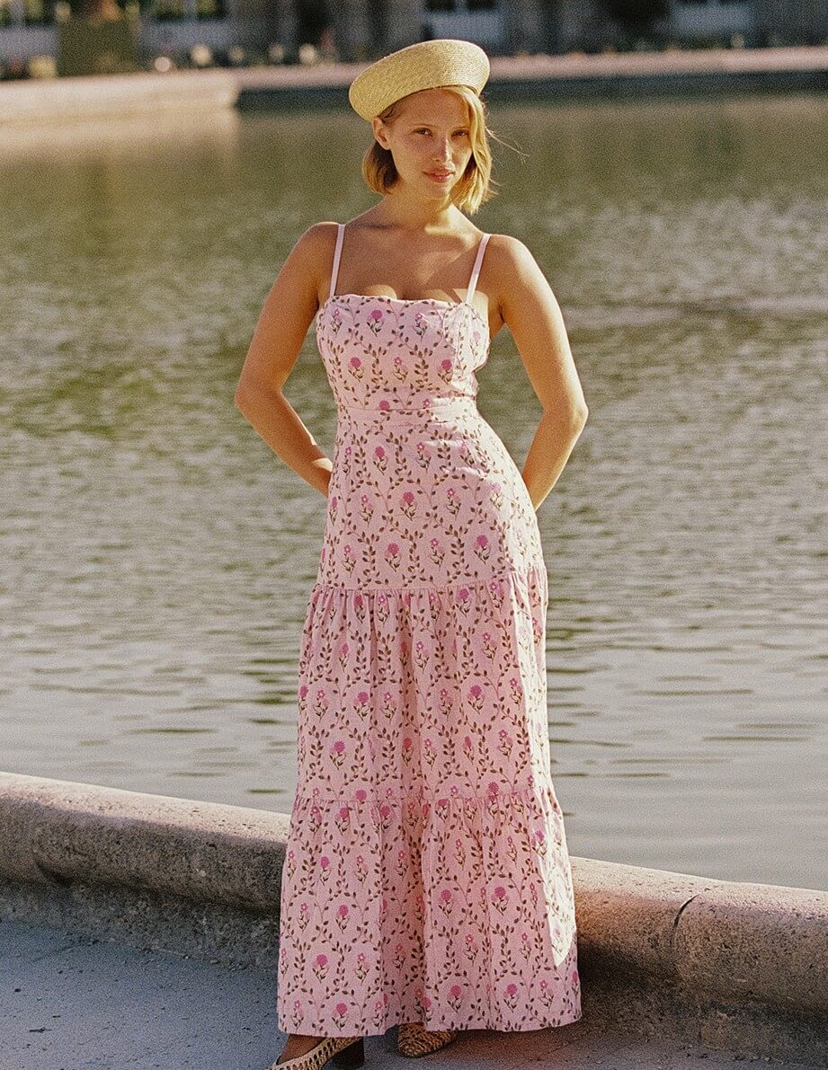 Palm Noosa Kira Maxi Dress Luxembourg Tile embroidered pink maxi dress