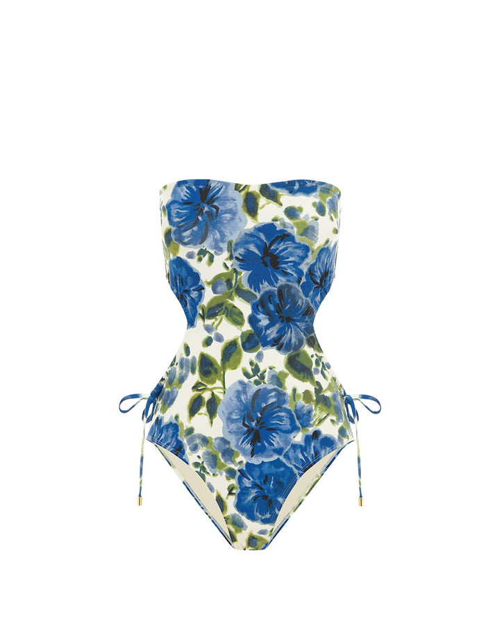 Peony Swimwear Strapless Cutout Onepiece Swimsuit Marseille Floral Blue