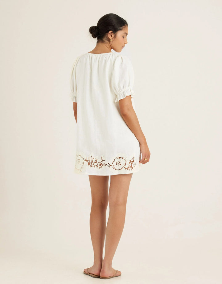 Peony Embroidered Poets Mini Dress in Gardenia linen mini dress with puff sleeves and floral embroidered hem
