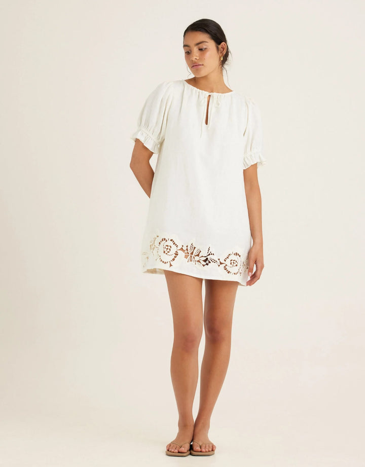 Peony Embroidered Poets Mini Dress in Gardenia linen mini dress with puff sleeves and floral embroidered hem