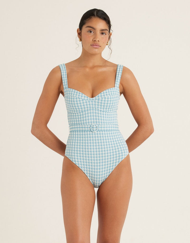 Peony Forever Underwire One Piece in Chambray Gingham textured gingham swimsuit with belt and underwire