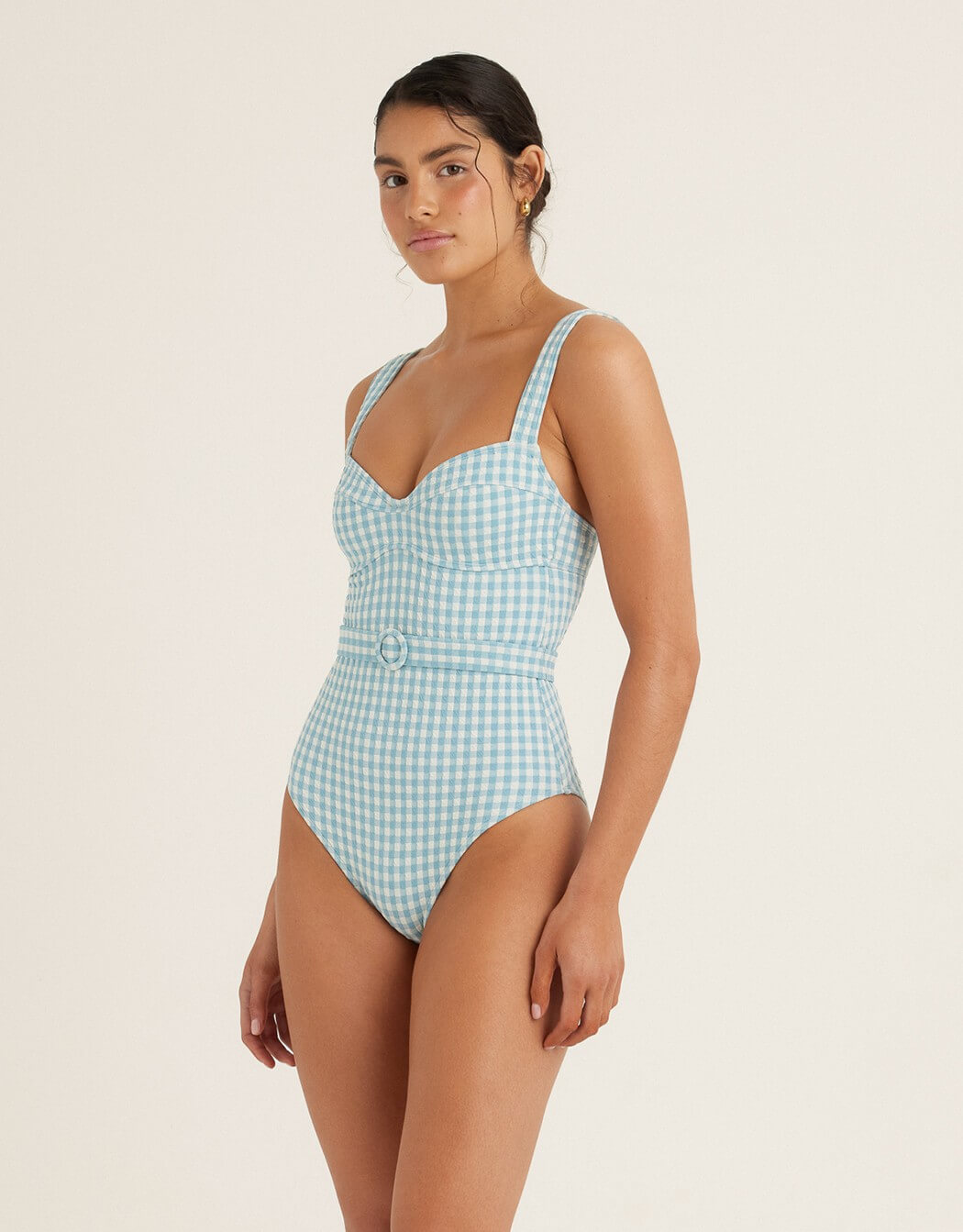 Peony Forever Underwire One Piece in Chambray Gingham textured gingham swimsuit with belt and underwire