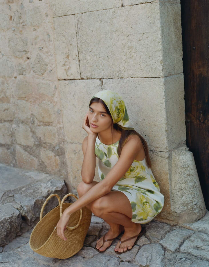 Peony Shift Mini Dress in Claire De Lune linen mini dress with high neckline and A-line silhouette