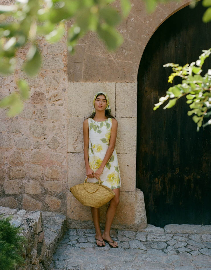 Peony Shift Mini Dress in Claire De Lune linen mini dress with high neckline and A-line silhouette