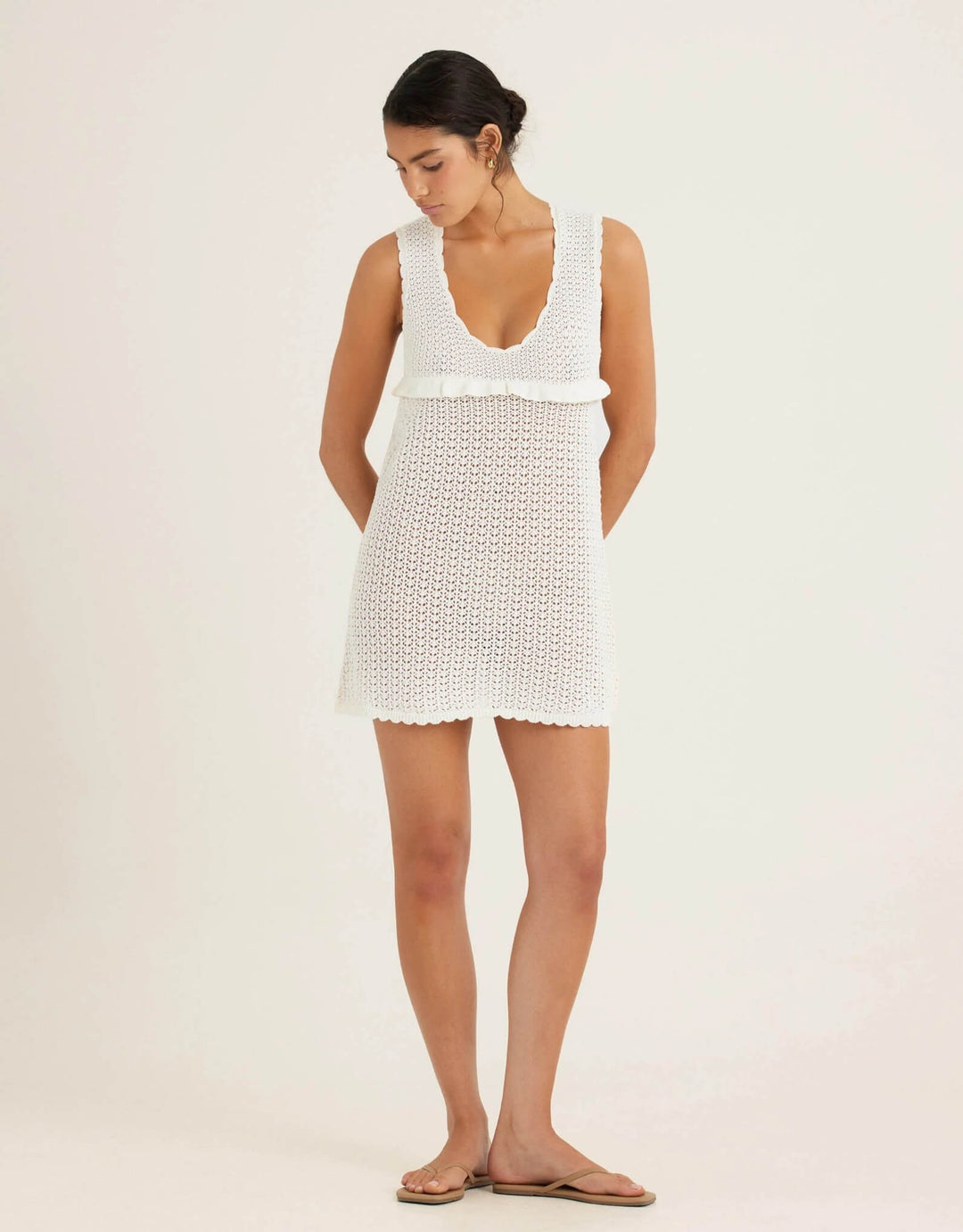 Peony Pointelle Amelia Mini Dress in Seashell pointelle knit mini dress with scoop neckline
