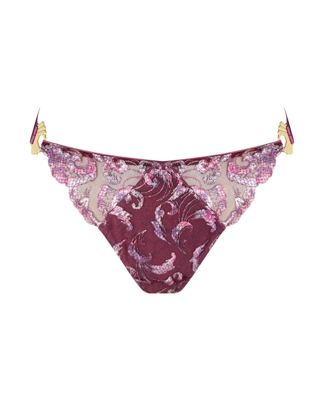Bordelle Siren Open Back Brief in raspberry embroidery with 24k gold-plated details – luxury lingerie at Catriona