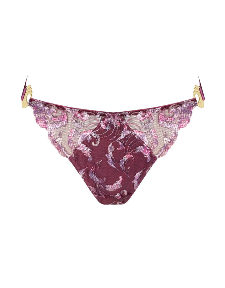 Bordelle Siren Open Back Brief in raspberry embroidery with 24k gold-plated details – luxury lingerie at Catriona